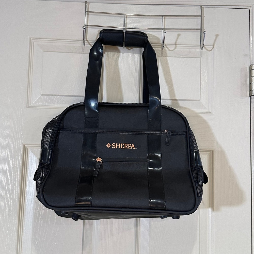 Sherpa Around Town Pet Carrier Bag Black Rose Gold Hardware Mesh Travel Tote